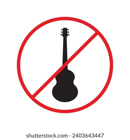 Forbidden Prohibited Warning, caution, attention, restriction label danger. No guitar vector icon. Do not use electro guitar sign design. No rock music symbol flat pictogram.