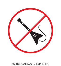 Forbidden Prohibited Warning, caution, attention, restriction label danger. No guitar vector icon. Do not use electro guitar sign design. No rock music symbol flat pictogram.