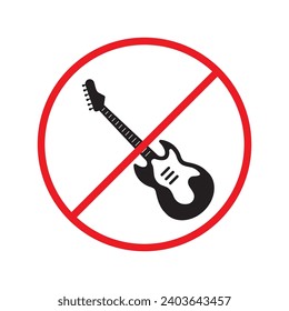 Forbidden Prohibited Warning, caution, attention, restriction label danger. No guitar vector icon. Do not use electro guitar sign design. No rock music symbol flat pictogram.