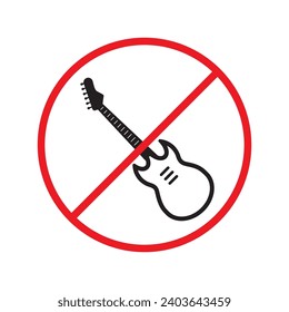 Forbidden Prohibited Warning, caution, attention, restriction label danger. No guitar vector icon. Do not use electro guitar sign design. No rock music symbol flat pictogram.