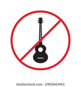 Forbidden Prohibited Warning, caution, attention, restriction label danger. No guitar vector icon. Do not use electro guitar sign design. No rock music symbol flat pictogram.