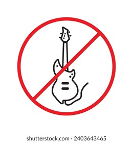 Forbidden Prohibited Warning, caution, attention, restriction label danger. No guitar vector icon. Do not use electro guitar sign design. No rock music symbol flat pictogram.