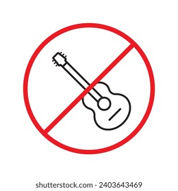 Forbidden Prohibited Warning, caution, attention, restriction label danger. No guitar vector icon. Do not use electro guitar sign design. No rock music symbol flat pictogram.