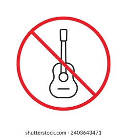 Forbidden Prohibited Warning, caution, attention, restriction label danger. No guitar vector icon. Do not use electro guitar sign design. No rock music symbol flat pictogram.