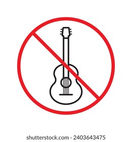 Forbidden Prohibited Warning, caution, attention, restriction label danger. No guitar vector icon. Do not use electro guitar sign design. No rock music symbol flat pictogram.