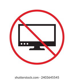 Prohibido Advertencia, precaución, atención, peligro de restricción. No hay icono del vector del equipo. No utilice el diseño de signos de pc. No hay ningún pictograma plano con símbolo de pantalla de monitor. Sin equipo
