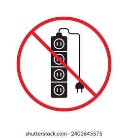 Forbidden Prohibited Warning, caution, attention, restriction label danger. No extension cord vector icon. Do not use extension cord sign design. No extension cord voltage symbol flat pictogram.