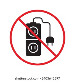 Forbidden Prohibited Warning, caution, attention, restriction label danger. No extension cord vector icon. Do not use extension cord sign design. No extension cord voltage symbol flat pictogram.