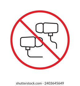 Forbidden Prohibited Warning, caution, attention, restriction label danger. No earbuds vector icon. Do not use earbuds sign design. No headphones symbol flat pictogram. No ear buds