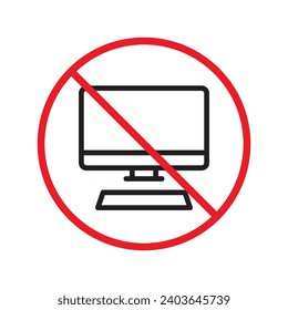 Prohibido Advertencia, precaución, atención, peligro de restricción. No hay icono del vector del equipo. No utilice el diseño de signos de pc. No hay ningún pictograma plano con símbolo de pantalla de monitor. Sin equipo