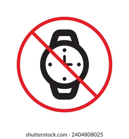 Verbotene Warnung, Vorsicht, Aufmerksamkeit, Restriktionskennzeichnung Gefahr. Keine Hand seht Vektorsymbol. Verwenden Sie keine Armbanduhren, die ein Zeichendesign aufweisen. Kein Uhrzeitsymbol mit flachem Piktogramm. Kein Uhrsymbol