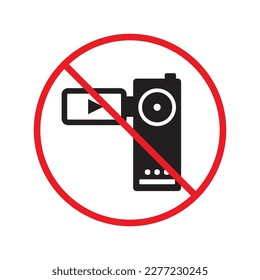 Forbidden recording flat icon. No video camera vector sign. Prohibited video icon. Warning, caution, attention, restriction, ban, label. No rec symbol pictogram