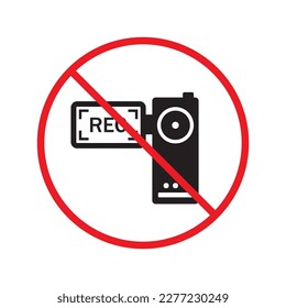 Forbidden recording flat icon. No video camera vector sign. Prohibited video icon. Warning, caution, attention, restriction, ban, label. No rec symbol pictogram