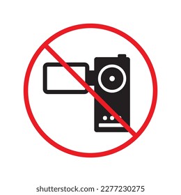 Forbidden recording flat icon. No video camera vector sign. Prohibited video icon. Warning, caution, attention, restriction, ban, label. No rec symbol pictogram