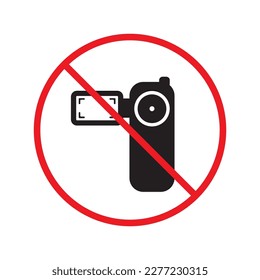 Forbidden recording flat icon. No video camera vector sign. Prohibited video icon. Warning, caution, attention, restriction, ban, label. No rec symbol pictogram