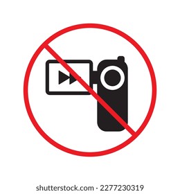 Forbidden recording flat icon. No video camera vector sign. Prohibited video icon. Warning, caution, attention, restriction, ban, label. No rec symbol pictogram