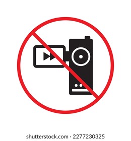 Forbidden recording flat icon. No video camera vector sign. Prohibited video icon. Warning, caution, attention, restriction, ban, label. No rec symbol pictogram