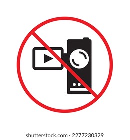 Forbidden recording flat icon. No video camera vector sign. Prohibited video icon. Warning, caution, attention, restriction, ban, label. No rec symbol pictogram