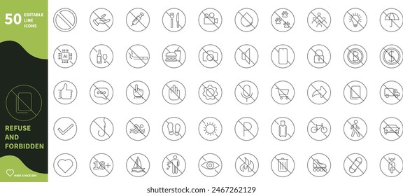 Forbidden and refuse icon set. Editable thin line stroke sketch icon.	
