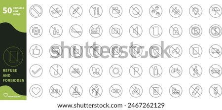 Forbidden and refuse icon set. Editable thin line stroke sketch icon.	
