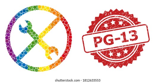 Forbidden repair collage icon of round dots in various sizes and LGBT bright color tints, and Pg-13 corroded rosette stamp seal. A dotted LGBT-colored Forbidden repair for lesbians, gays,
