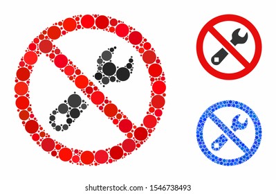 Forbidden repair mosaic of circle elements in various sizes and shades, based on forbidden repair icon. Vector circle elements are composed into blue illustration.