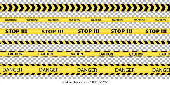 Forbidden ribbons set. Stripes are yellow and black. Stop, warning, no access. Dangerous zone. Isolated on a transparent background. Vector image.
