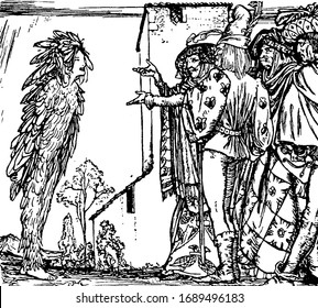 Forbidden Room, this scene shows four men looking at girl who wore dress made up leaves and standing in front of them, vintage line drawing or engraving illustration