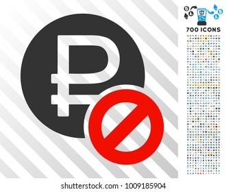 Forbidden Rouble icon with 7 hundred bonus bitcoin mining and blockchain pictographs. Vector illustration style is flat iconic symbols designed for bitcoin software.