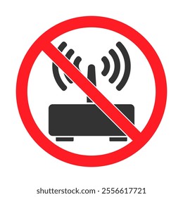 Forbidden router icon. No Wifi router connection signal symbol. Wifi connection prohibited sign. ban, prohibition. Vector illustration image. Isolated on white background.