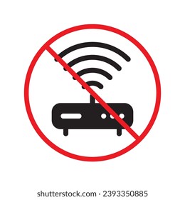 Icono de enrutador prohibido. Advertencia, precaución, atención, restricción, etiqueta. Icono de enrutador. Icono vector del router. Símbolo del pictograma de diseño de señal plana del módem Wifi. No hay un icono de módem de Internet UI