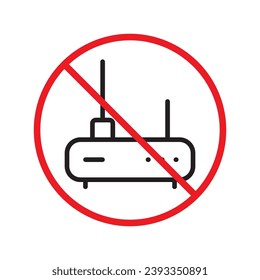 Icono de enrutador prohibido. Advertencia, precaución, atención, restricción, etiqueta. Icono de enrutador. Icono vector del router. Símbolo del pictograma de diseño de señal plana del módem Wifi. No hay un icono de módem de Internet UI