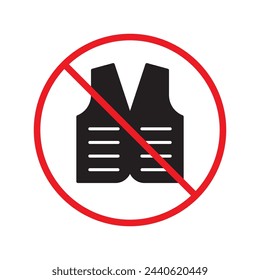Icono de chaleco de seguridad prohibido. No utilice el diseño de la señal plana del chaleco de la construcción. Pictograma del símbolo del chaleco. Advertencia, precaución, atención, restricción, pictograma de símbolo de peligro