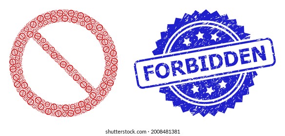 Forbidden scratched stamp seal and vector fractal mosaic forbidden. Blue stamp seal contains Forbidden tag inside rosette. Vector mosaic is formed from random rotated forbidden items.