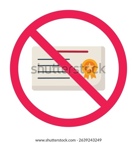 Forbidden sign with academic diploma education document icon, no certificate document sign, certificate prohibition sign