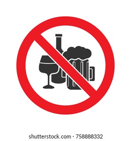 Forbidden sign with alcohol drinks glyph icon. Stop silhouette symbol. No alcohol. Beer and wine in prohibition circle. Negative space. Vector isolated illustration