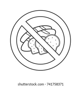Forbidden sign with bakery products linear icon. Thin line illustration. Prohibition circle. Gluten free. Stop contour symbol. Vector isolated outline drawing