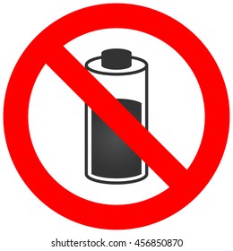 Forbidden sign with battery icon isolated on white background. Battery is prohibited vector illustration. Using battery is not allowed image. Batteries are banned.