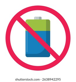 Forbidden sign with battery icon, no battery sign, batteries prohibition sign, no battery required, flat icon design vector illustration