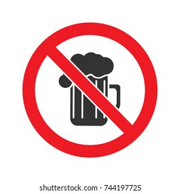 Forbidden sign with beer mug glyph icon. Stop silhouette symbol. No alcohol prohibition. Negative space. Vector isolated illustration