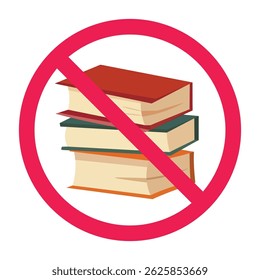 Forbidden sign with books icon, no books allowed sign, no reading sign, book prohibition sign, no study symbol 
