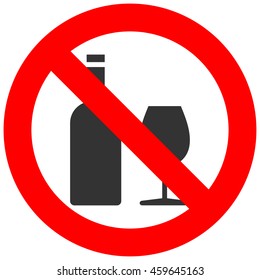 Forbidden sign with bottle and glass icon isolated on white background. Beverage glass is prohibited vector illustration. Drinking alcohol is not allowed image. Alcohol beverages are banned.