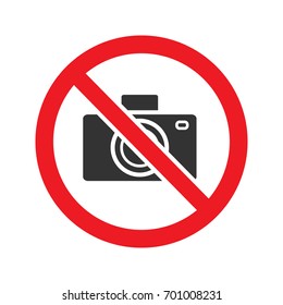 Forbidden sign with camera glyph icon. Stop silhouette symbol. Photographing prohibition. Negative space. Vector isolated illustration