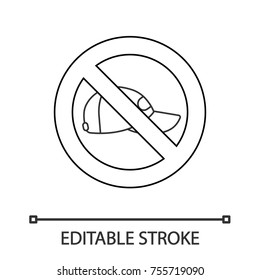 Forbidden sign with cap linear icon. Thin line illustration. No headwear prohibition. Stop contour symbol. Vector isolated outline drawing. Editable stroke