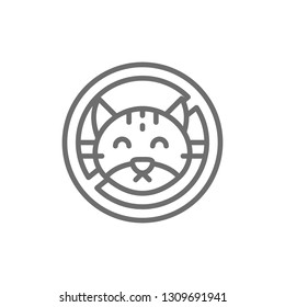 Forbidden sign with cat. no animal. wool pets allergy line icon.