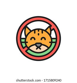 Forbidden sign with cat, no animal, wool pets allergy flat color line icon.