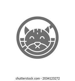 Forbidden sign with cat, no animal, wool pets allergy grey icon.