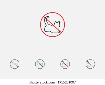 Forbidden sign of a cat on a grey background. Cat - no entry, black silhouette, sign at red circle frame, vector icon. Set of colorful flat design icons