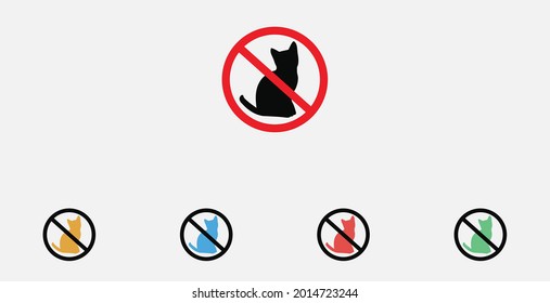 Señal prohibida de un gato sobre un fondo gris. Cat - sin entrada, silueta negra, signo en el marco de círculo rojo, icono vector. Conjunto de coloridos iconos de diseño plano 