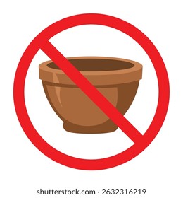 Forbidden sign with ceramic pottery flower pot icon, no plant pot allowed sign, flower pot prohibition symbol
